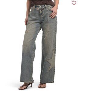 NEW CALI1850 Star Baggy Jeans With Western Belt in medium wash 1225 3t2